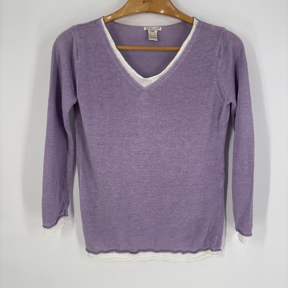 Avalin Sweater Womens Medium Purple‎ Linen V Neck Ruffle Hem Lightweight